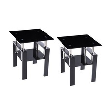 2Pcs Tempered Glass Sofa Table Black End Table with Powder-Coated Frame Table picture