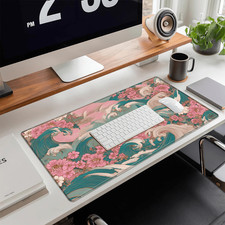 One Japanese Ukiyo E Style Pink Floral Ocean Wave Large Desk Mat Anti Slip Rub picture