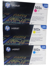 LOTS 3 HP Genuine 502A Toner Cartridges Yellow Cyan Magenta Q6472A Q6471A Q6473A picture