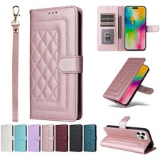 Luxury Grid Leather Strap Wallet Cover Case For 16 15 14 13 12 11 Pro Max 7 8 XR picture