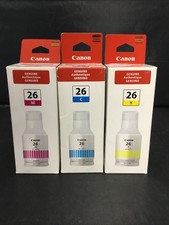 Genuine Canon GI-26 Color Ink Bottles MAGENTA/CYAN/YELLOW 3 PACK BRAND NEW picture