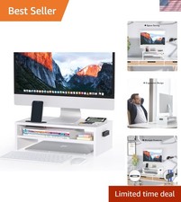 Sustainable White Monitor Stand Riser - 2-Tier with Built-In Storage, 16.5 Inch picture