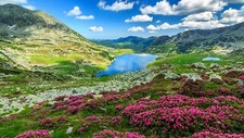 Landscape nature clouds sky pink flowers rocks mountains Custom Gaming Mat Desk picture