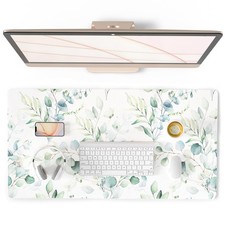 Large Mouse Pad Cute Green Leaves Desk Mat PU Leather Desktop 31.5x15.7 Inch picture