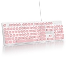 Pink Wired Membrane Keyboard Full Size 104 Keys White LED Backlit Round picture