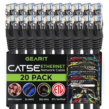 20 PCS Cat5e Ethernet Patch Cable 5 FT Snagless RJ45 Computer Network Cord Black picture