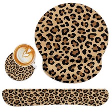 Brown Leopard Print Ergonomic Mouse Pad Set with Pink Wrist Rest Non-Slip Rub... picture
