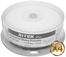 100-Pak RITEK PRO Waterproof GLOSSY White Inkjet Hub 25GB 4X Blu-ray BD-R’s picture