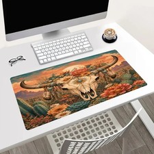Western Bull Skull Mouse Pad 24x14in Large Desk Mat Boho Cactus Floral Decor picture