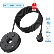 NTONPOWER Flat Plug Power Strip with 3Outlet 3USB Port 15FT Extension Cord picture