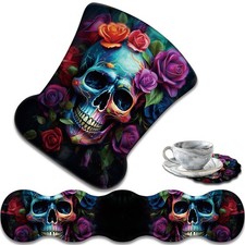 Ergonomic Keyboard Wrist 17.35 x 3.55 inches, Colorful Rose Flower Skull picture