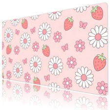 Fruit Strawberry Pastel Floral Pink Desk Mat for Keyboard and Mouse Desk Pad picture