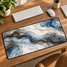 Blue Marble Desk Mat, Gold Abstract Mouse Pad, Modern Office Decor picture