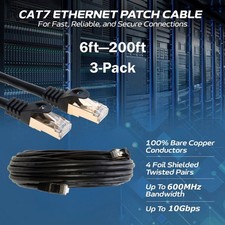 3-Pack CAT7 S/FTP Ethernet Patch Cord 600MHz Network Cable 6FT-200FT Black Lot picture