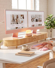 Bamboo Dual Monitor Stand with Storage, Curved Double Computer Laptop Stand Desk picture
