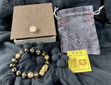 Feng Shui Buddhist Prayer Bracelet Black Gold Obsidian Mantra Beads w Certificat picture
