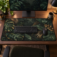 Dark Green Botanical Desk Mat, Tropical Leaf Mouse Pad, Gold Jungle Decor picture