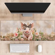 Cute Pig Gaming Mouse Pad Leopard Bow Large Desk Mat Rubber 31.5x11.8 Inch picture