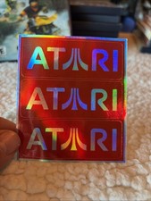 3 Vintage Holographic Red Metallic Atari Stickers Classic Logo 80s picture