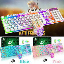 Wireless Rechargeable Rainbow Backlit Gaming Keyboard Mouse + Mat Combo Slim PC  picture