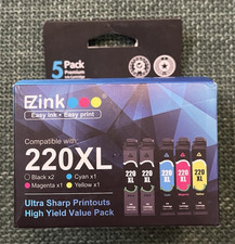 EZink 220XL 5 Pack Printer Ink - Black (2), Cyan , Magenta, Yellow. Box open. picture