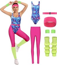 Womens Aerobics Costume 80s Workout Outfit 90s Accessories Set Retro J... Bundle picture
