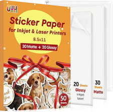 QYH Printable Vinyl Sticker Paper, 50 Sheets (30 Matte + 20 Glossy) 8.5x11