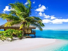 Landscape palm trees sea island bungalow beach vibrant Custom Gaming Mat Desk picture