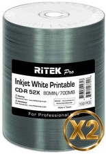200-Pak Ritek PRO White Inkjet Hub Printable 52X 80-Min CD-R's in Tapewrap picture