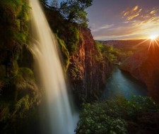 Landscape waterfall river canyon trees moss shrubs sun Custom Gaming Mat Desk picture