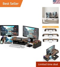 Extendable Rustic Brown Dual Monitor Riser with Sliding Drawer & Organizer picture