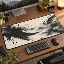 Black Ink Wave Desk Mat & Mouse Pad, Abstract Japanese Sumi Art picture