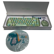 MOFii Wireless Retro Keyboard Mouse Set Green Round Keys w/ Dino Mouse Pad picture