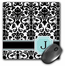 3dRose Letter J personal monogrammed mint blue black and white damask pattern - picture
