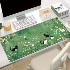 Cute Kitten Desk Mat: Green Floral Mouse Pad for Cat Fans & Office Decoration picture