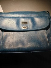Vintage 70s Samsonite Blue Leather Briefcase Solid Pattern Shoulder Strap picture
