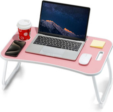 Foldable Laptop Bed Desk Pink Portable Lap Table with Cup Holder Tablet Slot picture