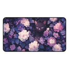 Kawaii Black Cat Camellia Desk Mat, Large Mouse Pad Dark Purple for Gaming Setup picture