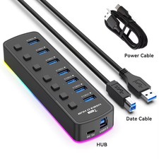 YUXI RGB USB 3.0 Hub 7 Port Data Splitter 5Gbps Individual Switches picture