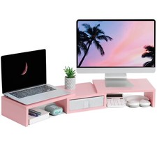TEAMIX Pink Dual Monitor Stand Riser with Drawer - Length and Angle Adjustabl... picture