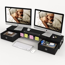 39 Inch Dual Monitor Stand Riser with 2 Drawers - Large Black Wooden Computer... picture