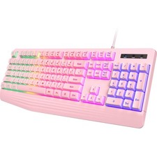 Pink Creamy Keyboard Rainbow LED Backlit 104 Keys Silent Light Up Gaming Keyb... picture