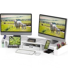 Dual Monitor Stand Riser with Drawer White Adjustable Desk Organizer Simple picture