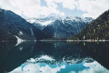 Landscape mountains plants water lagoon reflection calm Custom Gaming Mat Desk picture