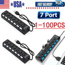 USB Hub 7 Port On/Off Switch High Speed Splitter AC Adapter Cable PC Laptop Lot picture