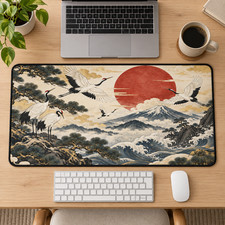 Japanese Crane Desk Mat, Red Sun Mountain Mouse Pad, Ukiyo-e Desk Decor picture