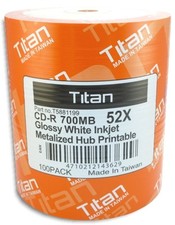 100-Pak =SEMI-GLOSSY= Titan 52X 80-Min White Inkjet Hub CD-R's, Titan T5881199 picture