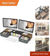 Rustic Brown Dual Monitor Riser with Ergonomic Design and Storage Drawers picture