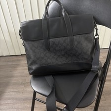 COACH Black Leather Logo Pattern Briefcase with Adjustable Strap picture