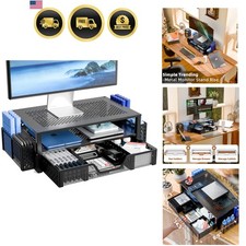 Monitor Stand Computer Desk Organizer Pen Holder Drawers Black 2 Tier Metal picture